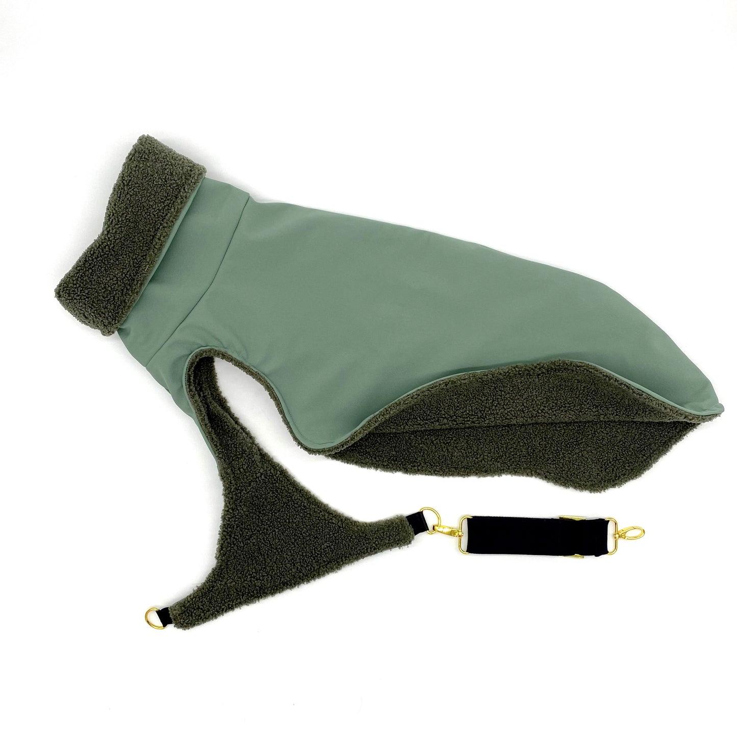 Hundemantel Softshell ALTGRÜN + Teddy mit Brustgurt – Ansicht 2