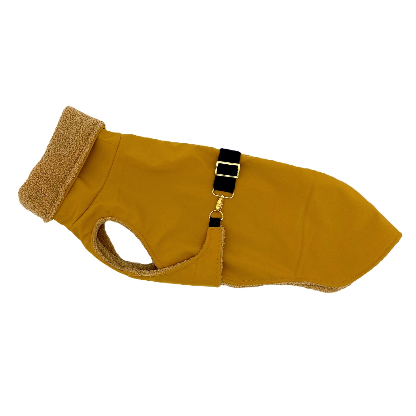Hundemantel Softshell SENFGELB + Teddy mit Brustgurt – Ansicht 1