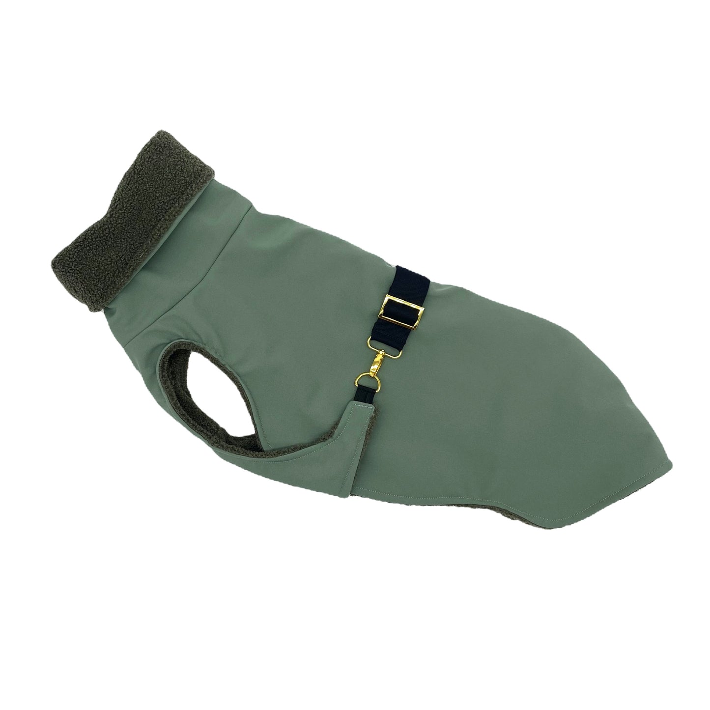 Hundemantel Softshell ALTGRÜN + Teddy mit Brustgurt – Ansicht 1