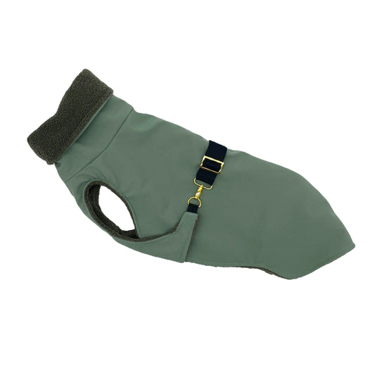 Hundemantel Softshell ALTGRÜN + Teddy mit Brustgurt – Ansicht 1