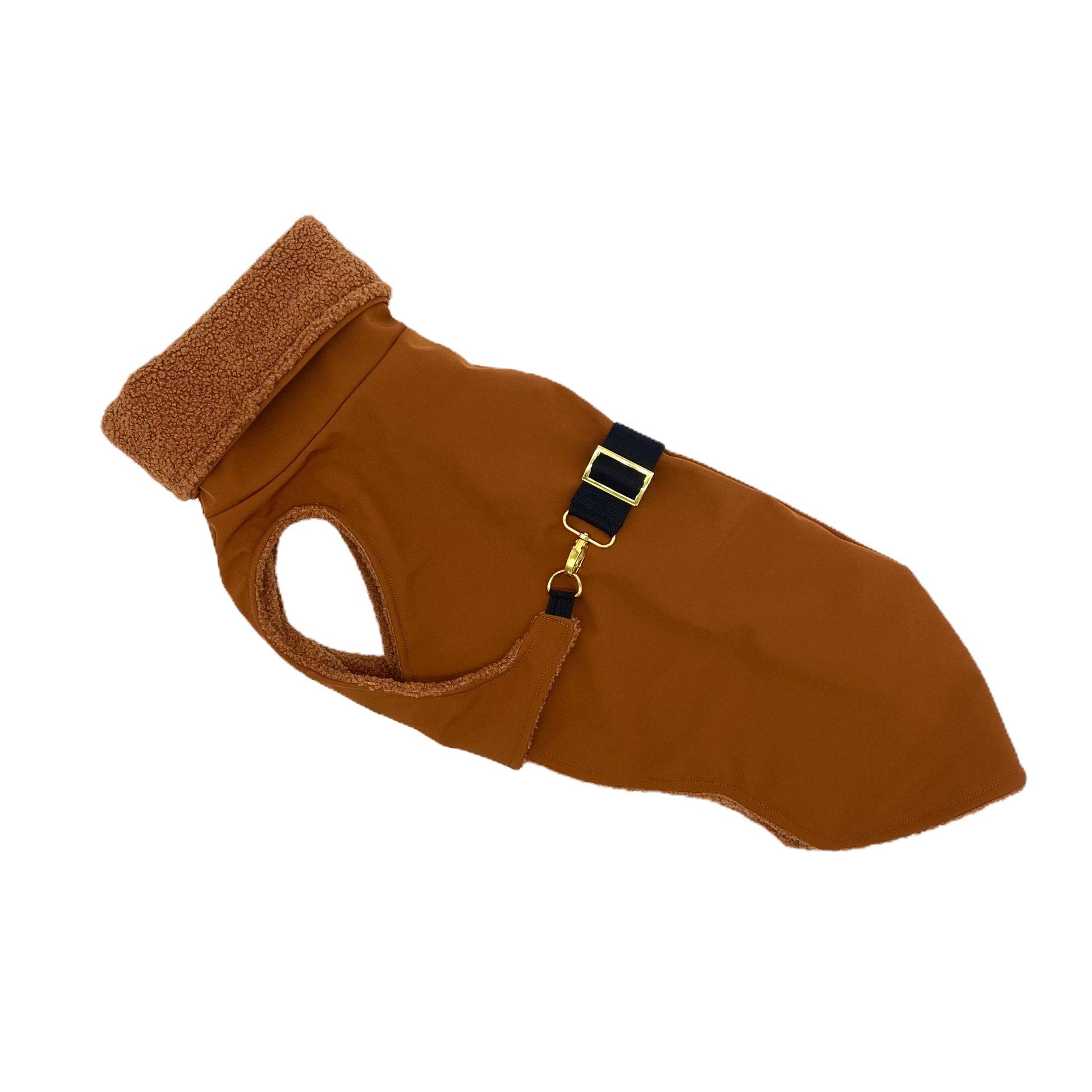 Hundemantel Softshell COGNAC + Teddy mit Brustgurt – Ansicht 1