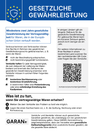 EU-Hinweis: Gesetzliche Gewährleistung – mindestens zwei Jahre für Waren, die in der Europäischen Union verkauft werden